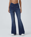 Halara Flex™ High Waisted Crossover Pocket Washed Casual Flare Jeans - Bright Blue Denim