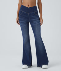 Halara Flex™ High Waisted Crossover Pocket Washed Casual Flare Jeans - Bright Blue Denim