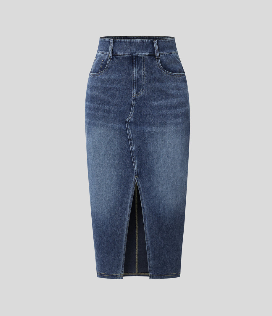 Halara Flex™ High Waisted Pockets Bodycon Washed Denim Casual Midi Skirt - Royal Blue Denim