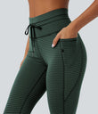 High Waisted Drawstring Striped Yoga Leggings with Pockets - Deep Pine Green