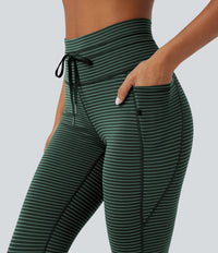 High Waisted Drawstring Striped Yoga Leggings with Pockets - Deep Pine Green