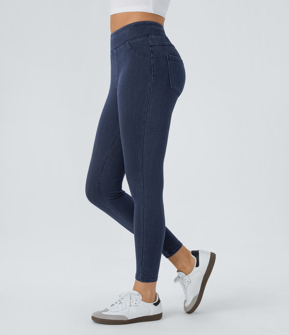 Halara Flex™ High Waisted Pocket Denim Casual Leggings - Washed Denim Navy Blue
