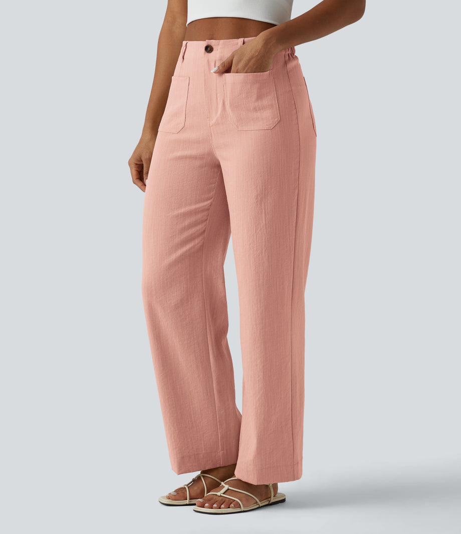 High Waisted Straight Leg Casual Linen-Feel Pants with Pockets - Terra Blush
