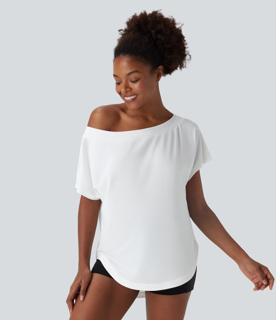 One Shoulder Short Sleeve Curved Hem High Low Quick Dry Yoga Sports Top - White