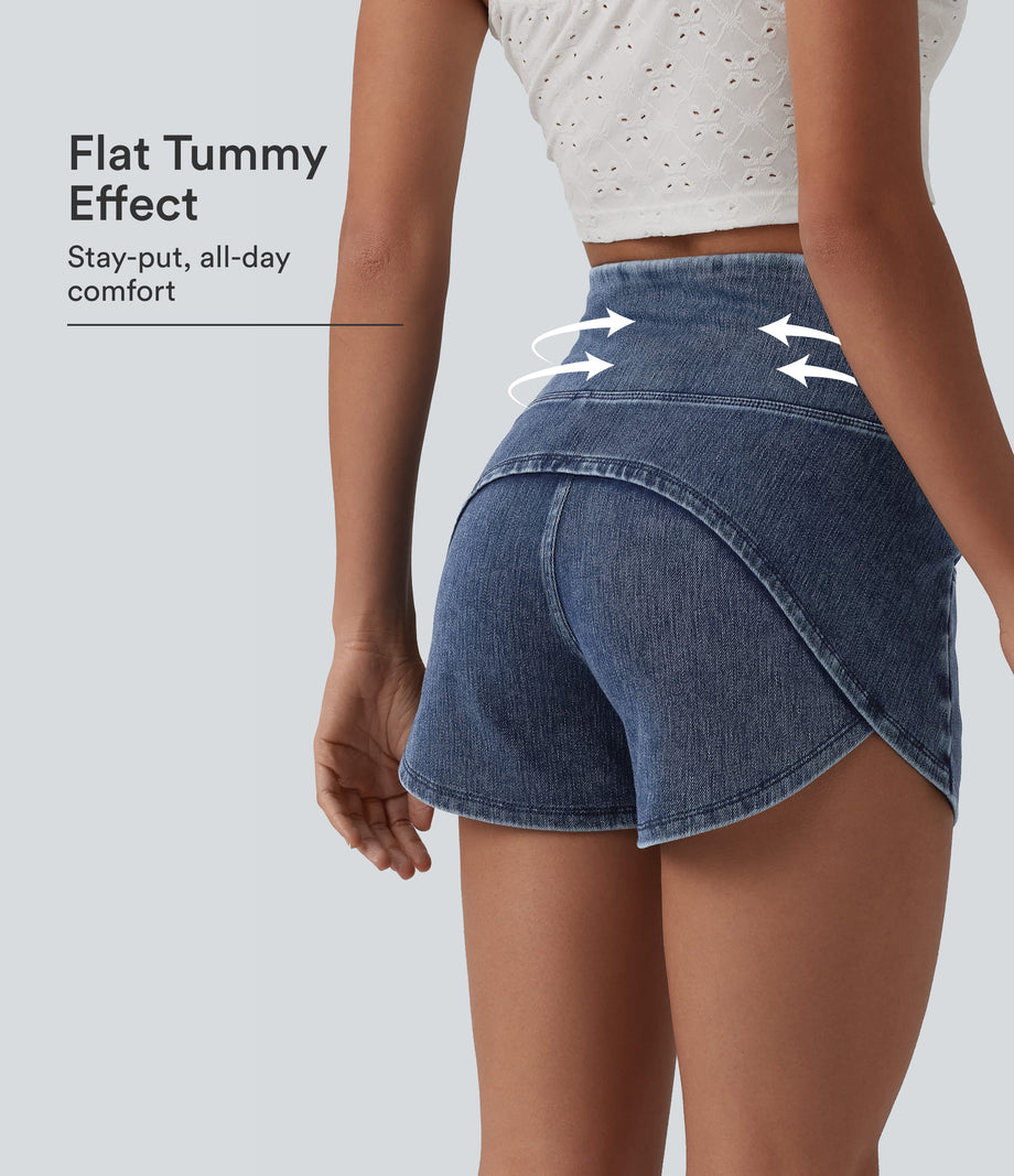 Halara Flex™ High Waisted Tummy Control Curved Hem Skinny Denim Casual Shorts with Pockets - Tide Blue Denim