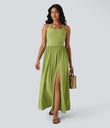 Twisted Backless Split Flowy Maxi Resort Dress with Pockets - Soft Meadow Green