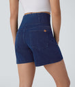 Halara Flex™ Crossover High Waisted Pockets Wide Leg A Line Washed Denim Casual Shorts - Washed Denim Navy Blue