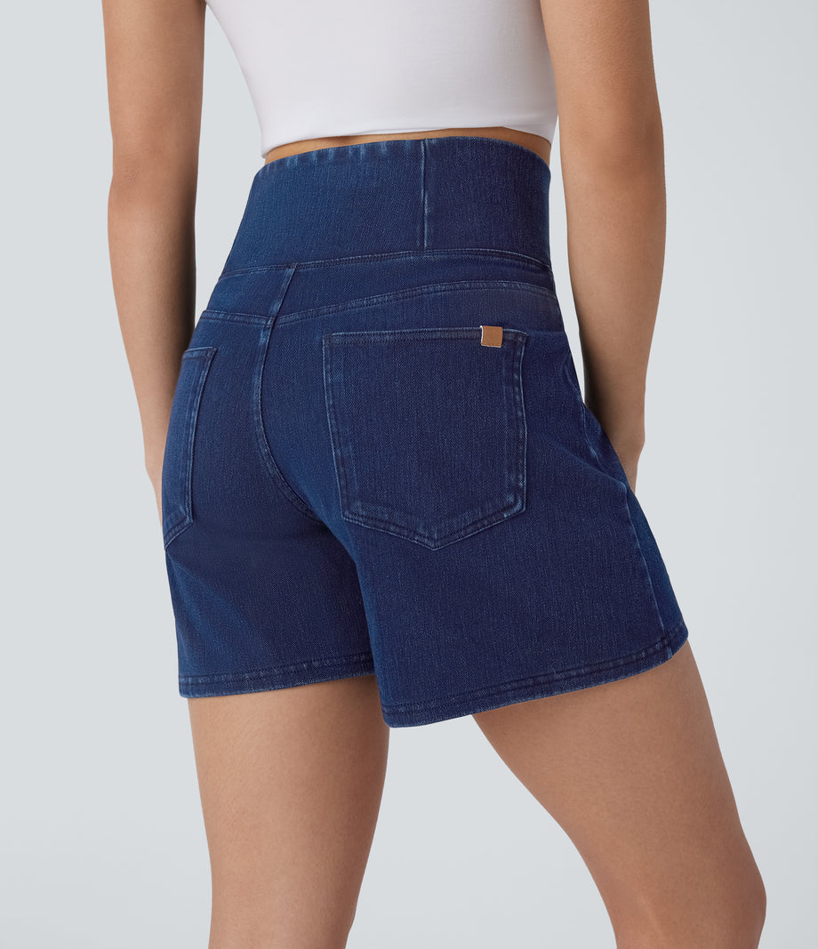 Halara Flex™ Crossover High Waisted Pockets Wide Leg A Line Washed Denim Casual Shorts - Washed Denim Navy Blue