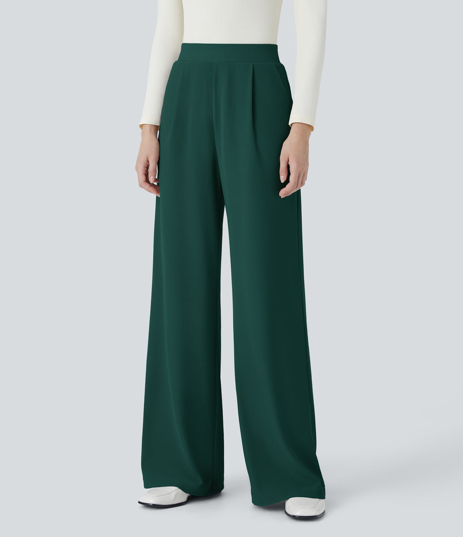 Halara Flex™ High Waisted Body Sculpt Waist-Slimming Pocket Wide Leg Micro Waffle Work Pants - Rain Forest