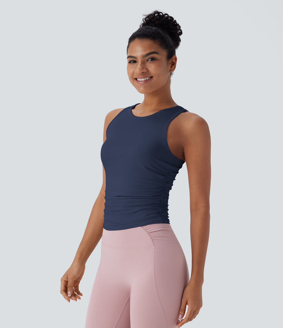 Round Neck Racerback Ruched Yoga Tank Top - Spellbound