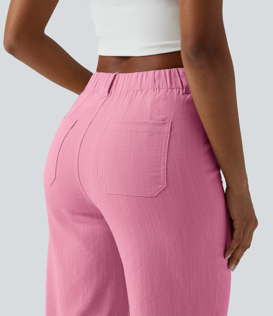 High Waisted Straight Leg Casual Linen-Feel Pants with Pockets - Dusty Rose Weave