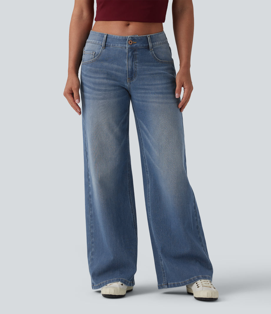 Halara Flex™ Low Rise Zipper Pockets Washed Baggy Wide Leg Casual Jeans - Blue Surf Denim
