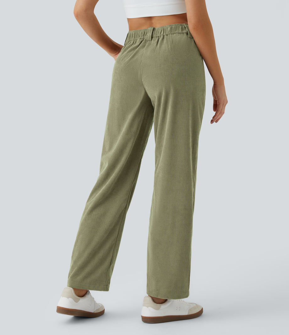 Mid Rise Zipper Pocket Corduroy Casual Pants - Boa
