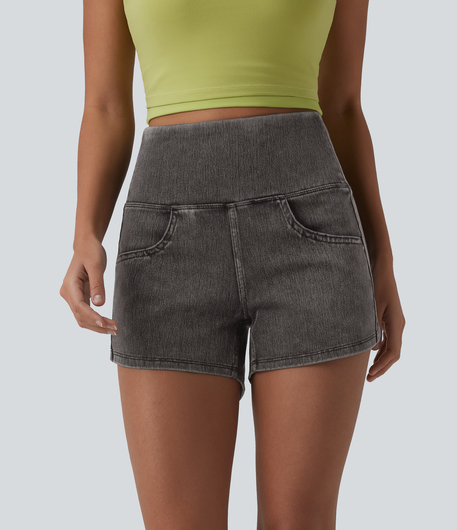 Halara Flex™ High Waisted Tummy Control Curved Hem Skinny Denim Casual Shorts with Pockets - Poppy Seed Denim