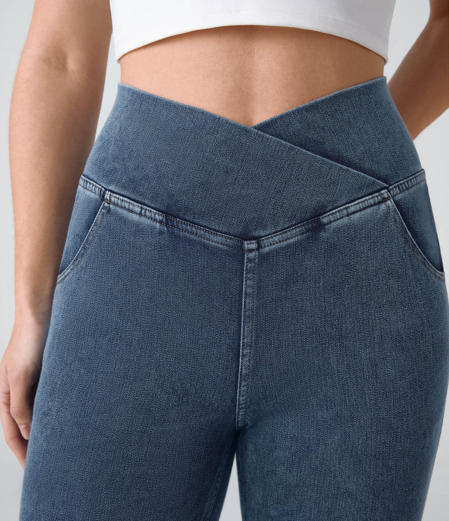 Halara Flex™ High Waisted Crossover Pocket Cool Touch Washed Casual Jeans - Nettle Blue Denim