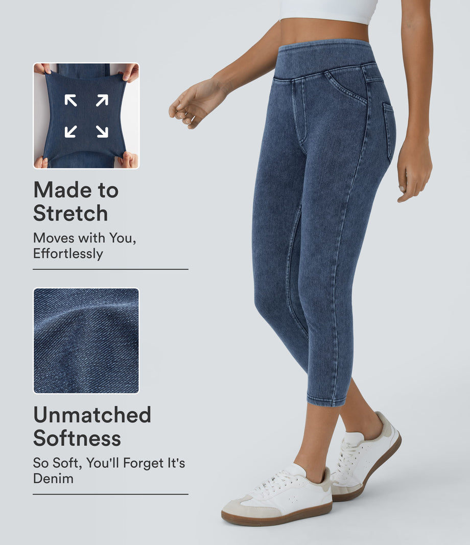 Halara Flex™ High Waisted Pocket Denim Capri Casual Leggings - Washed Denim Bleached Blue