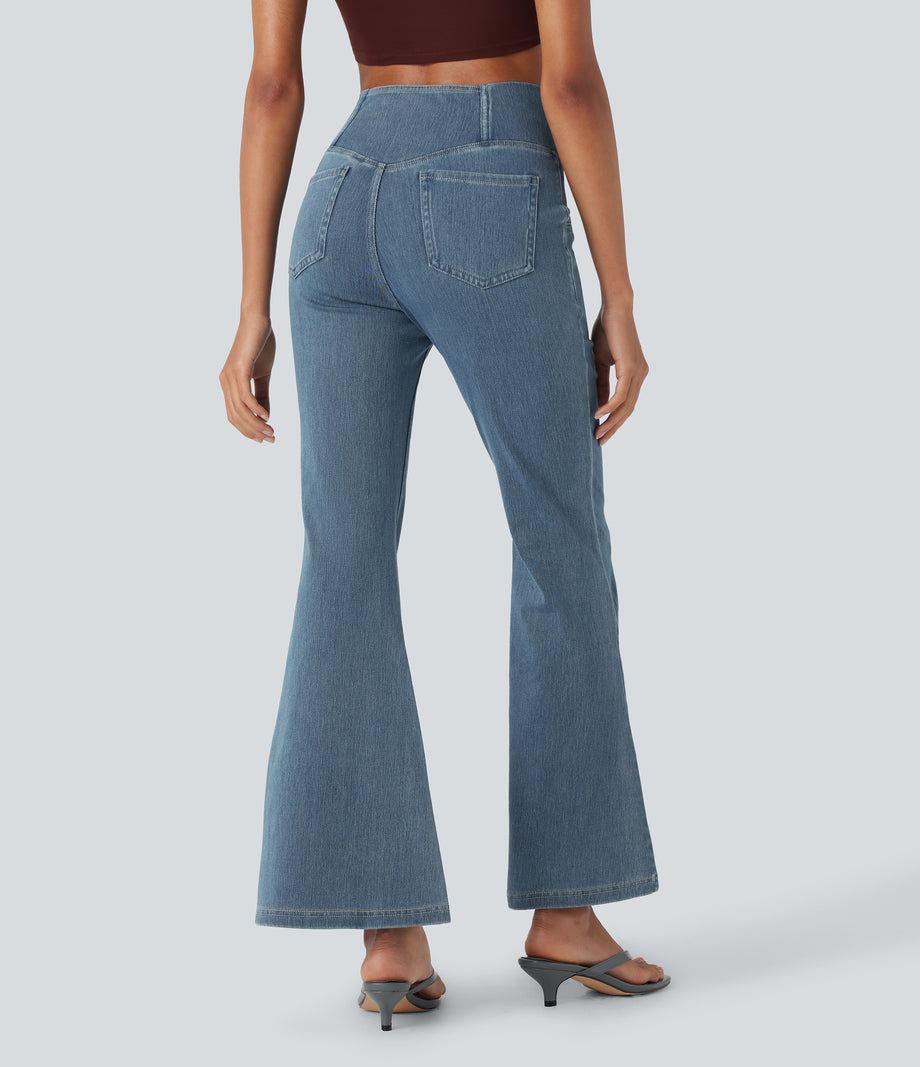 Halara Flex™ High Waisted Crossover Pocket Washed Casual Jeans - Tide Blue Denim