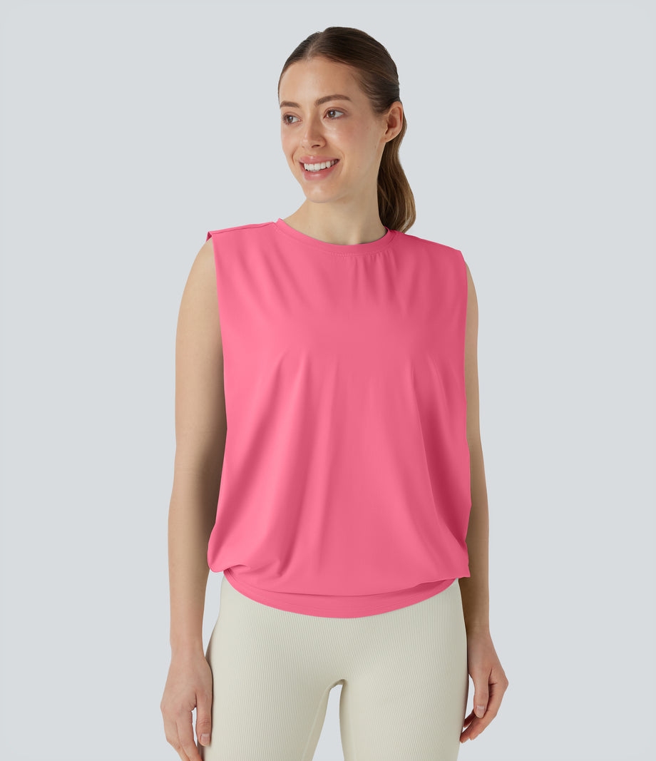 Round Neck Ruched Cool Touch Yoga Tank Top-UPF50+ - Pink Lemonade