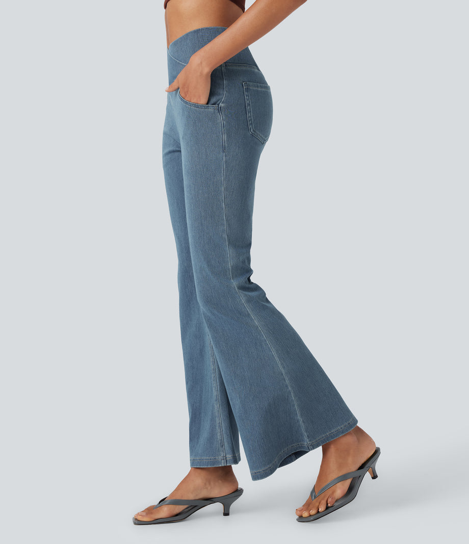 Halara Flex™ High Waisted Crossover Pocket Washed Casual Jeans - Tide Blue Denim