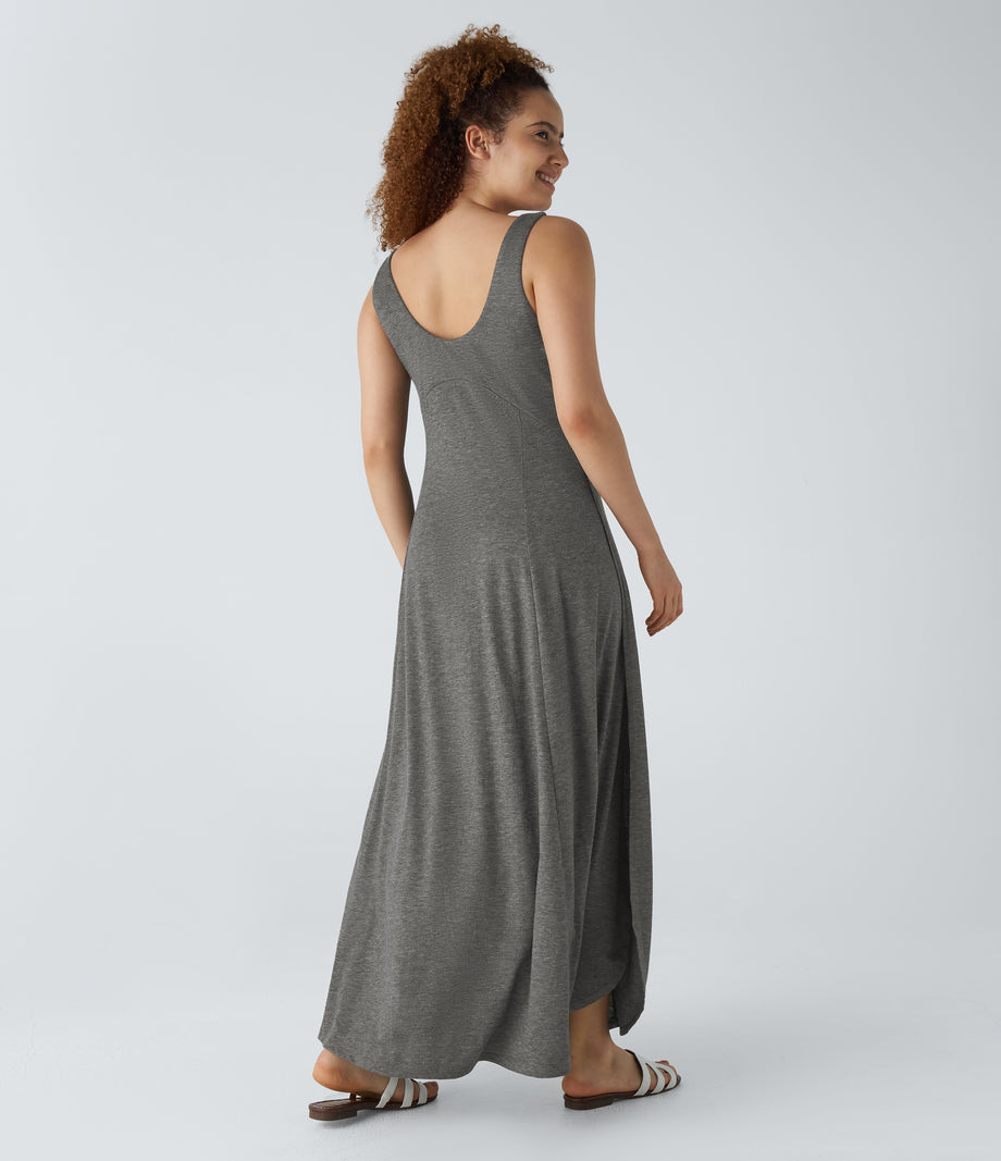 U Neck Flowy Maxi Casual Tank Dress - Darl Gray Floral Yarn