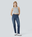 Halara Flex™ High Waisted Pockets Straight Leg Washed Casual Jeans - Distressed Denim Dark Blue