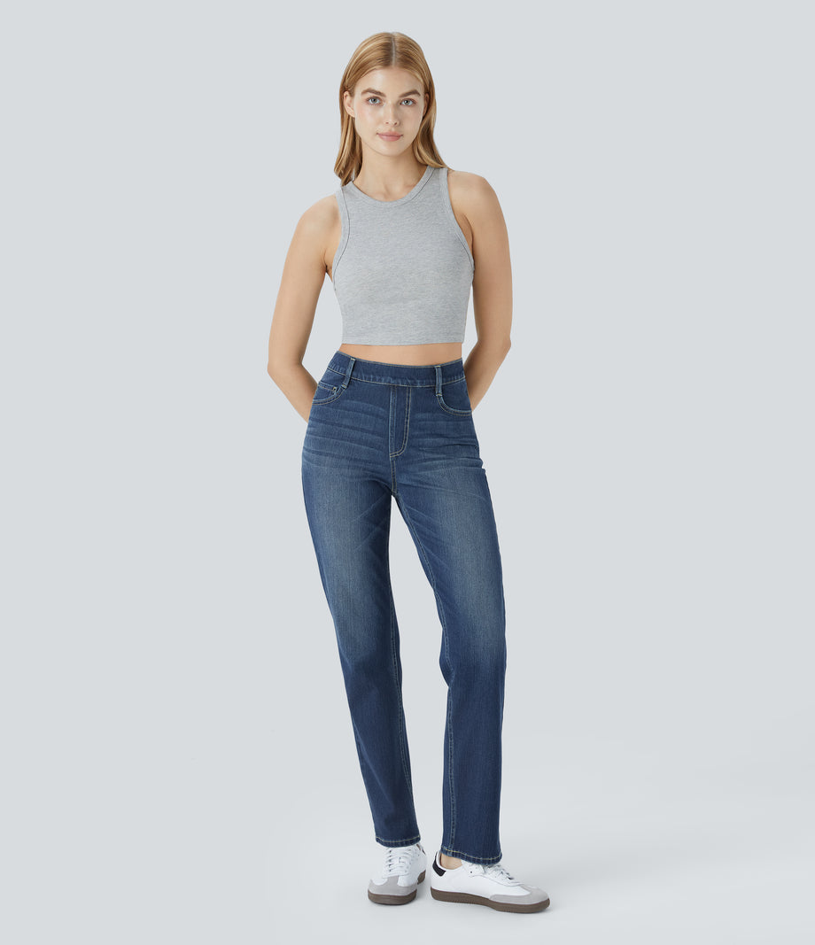 Halara Flex™ High Waisted Pockets Straight Leg Washed Casual Jeans - Distressed Denim Dark Blue