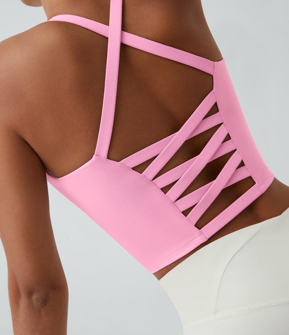 Crisscross Backless Built-in Bra Cropped Running Tank Top A-D Cups - Lagerstroemia Powder