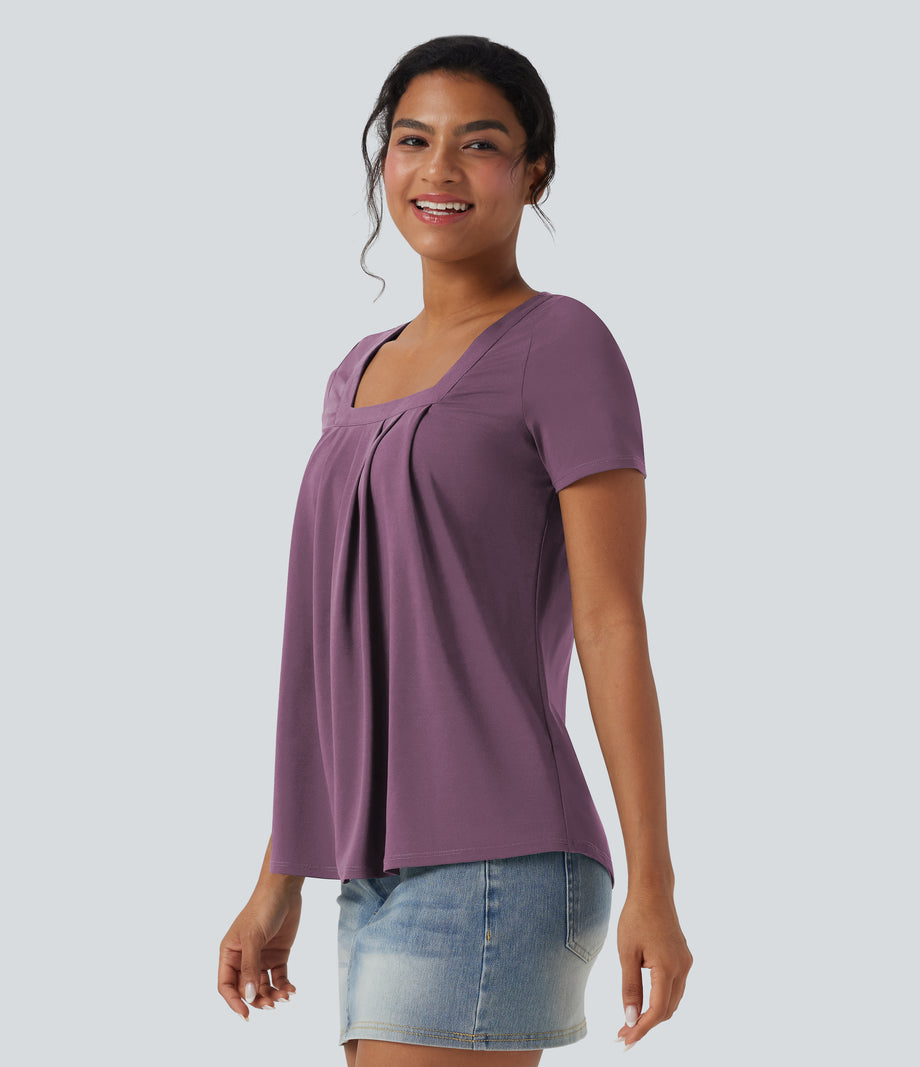 Square Neck Short Sleeve Casual Top - Argyle Purple