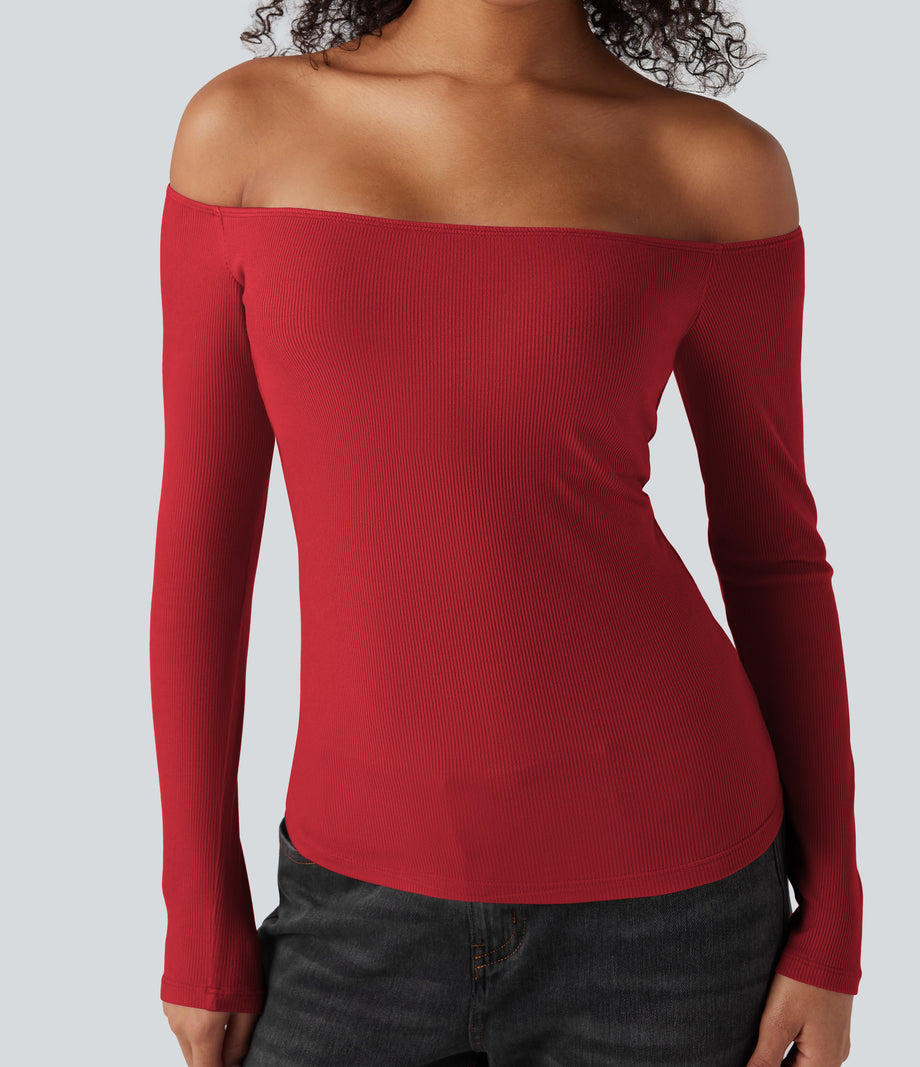 Ribbed Knit Off Shoulder Long Sleeve 2-in-1 Casual Top - Samba