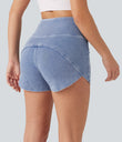 Halara Flex™ High Waisted Tummy Control Curved Hem Skinny Denim Casual Shorts with Pockets - Powder Blue Denim