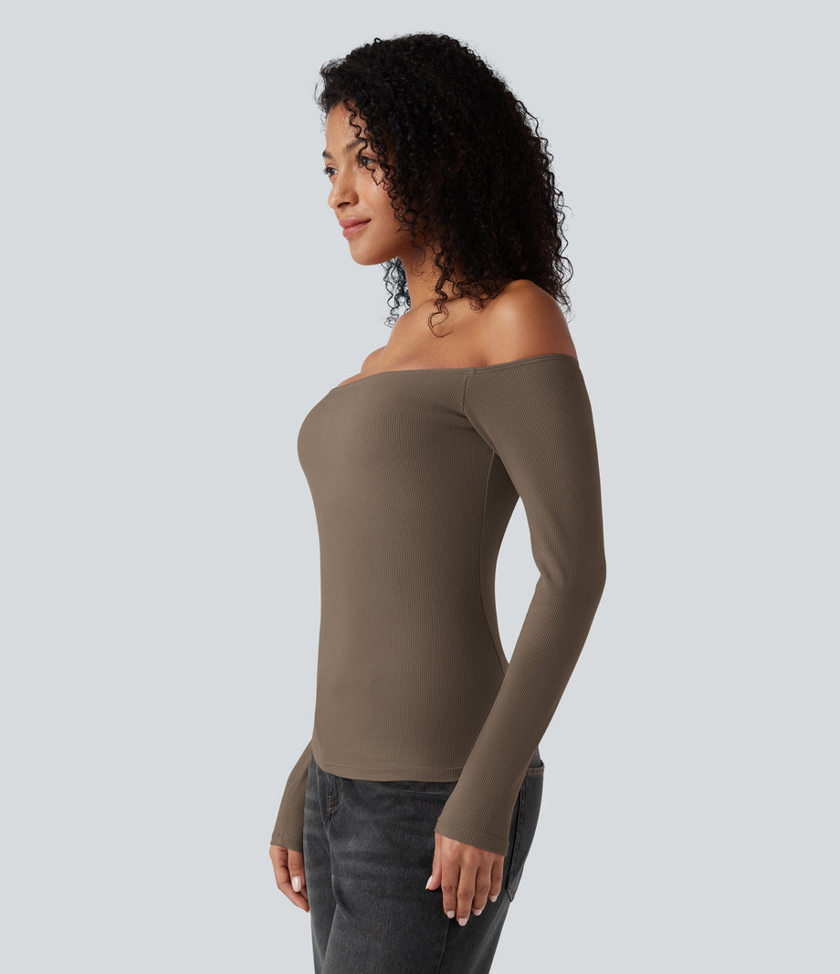 Ribbed Knit Off Shoulder Long Sleeve 2-in-1 Casual Top - Shitake
