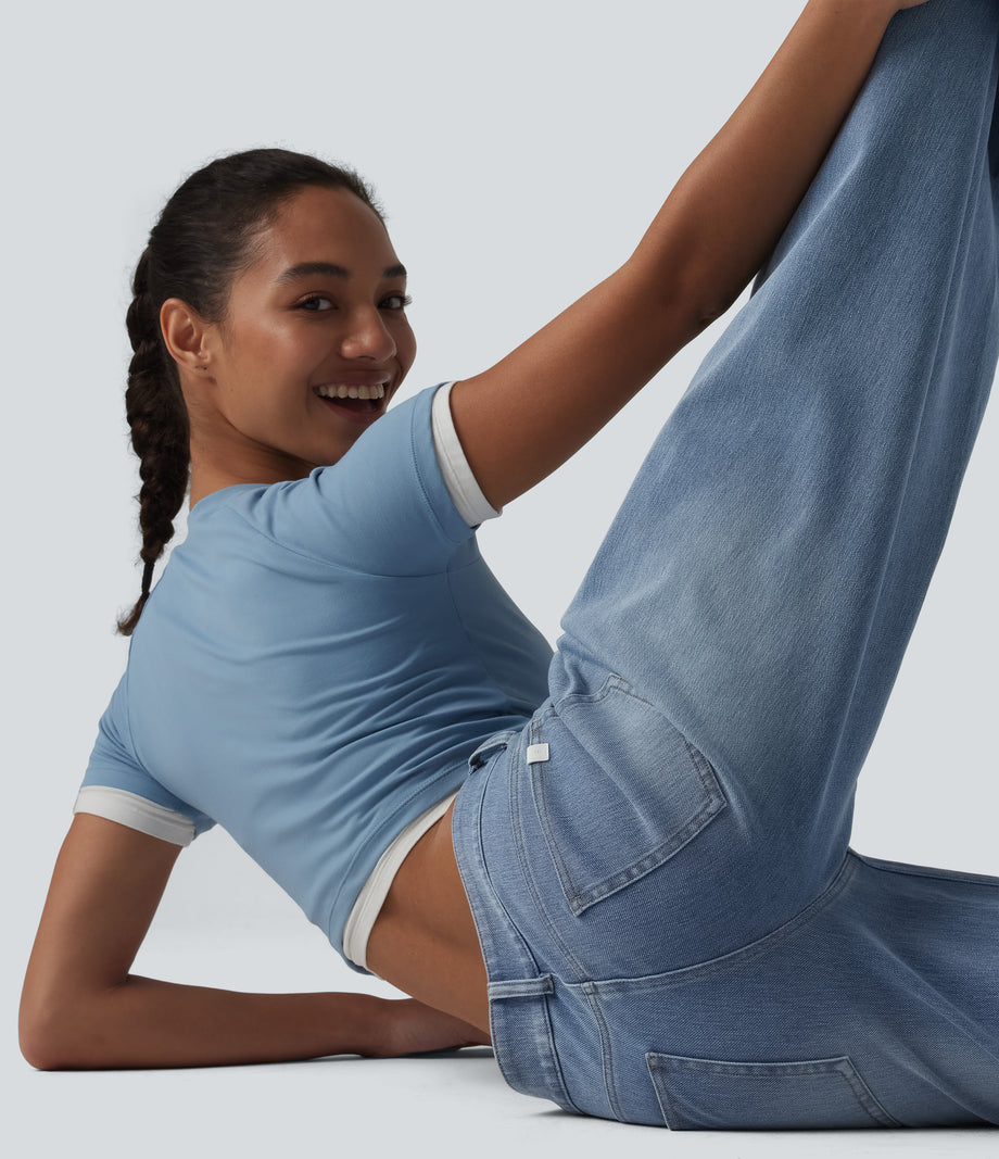 Halara Flex™ Low Rise Zipper Pockets Washed Baggy Wide Leg Casual Jeans - Light Blue – Glacier Light Blue