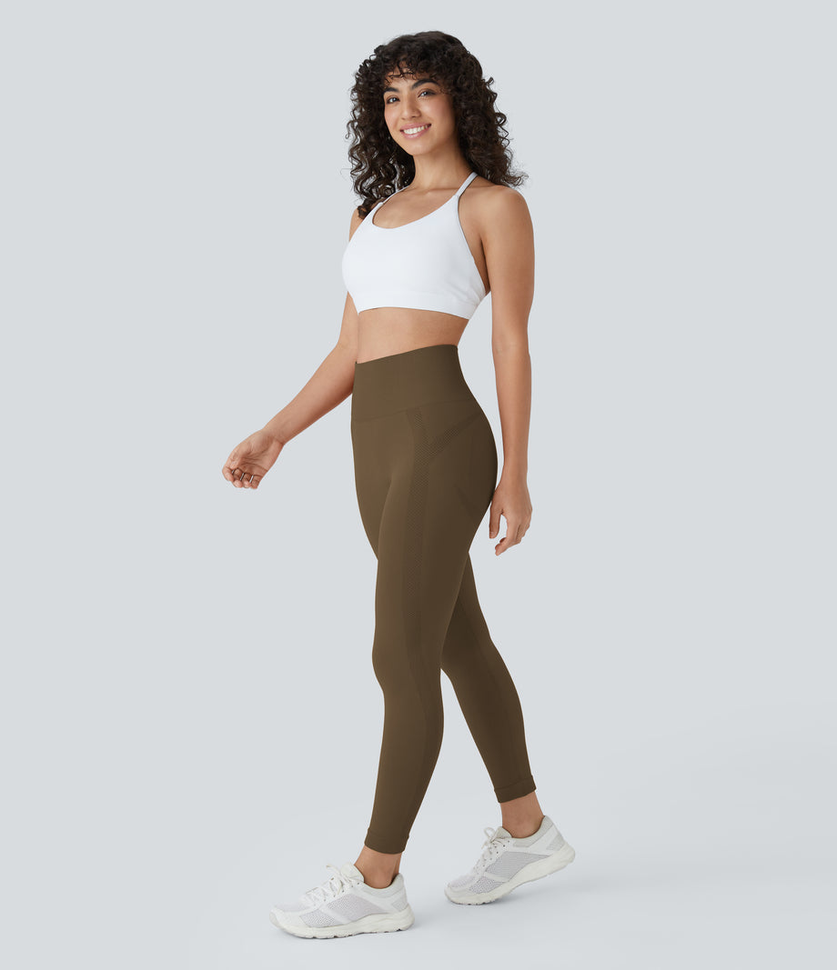 OneForm Seamless Flow High Waisted Ruched 7/8 Yoga Leggings - Dawn Brown