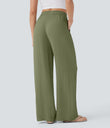 High Waisted Drawstring Pocket Wide Leg Baggy Casual Linen-Feel Pants - Loden Green