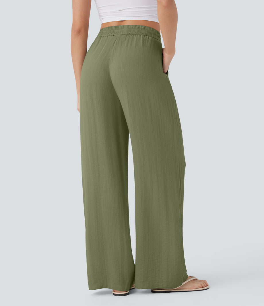 High Waisted Drawstring Pocket Wide Leg Baggy Casual Linen-Feel Pants - Loden Green