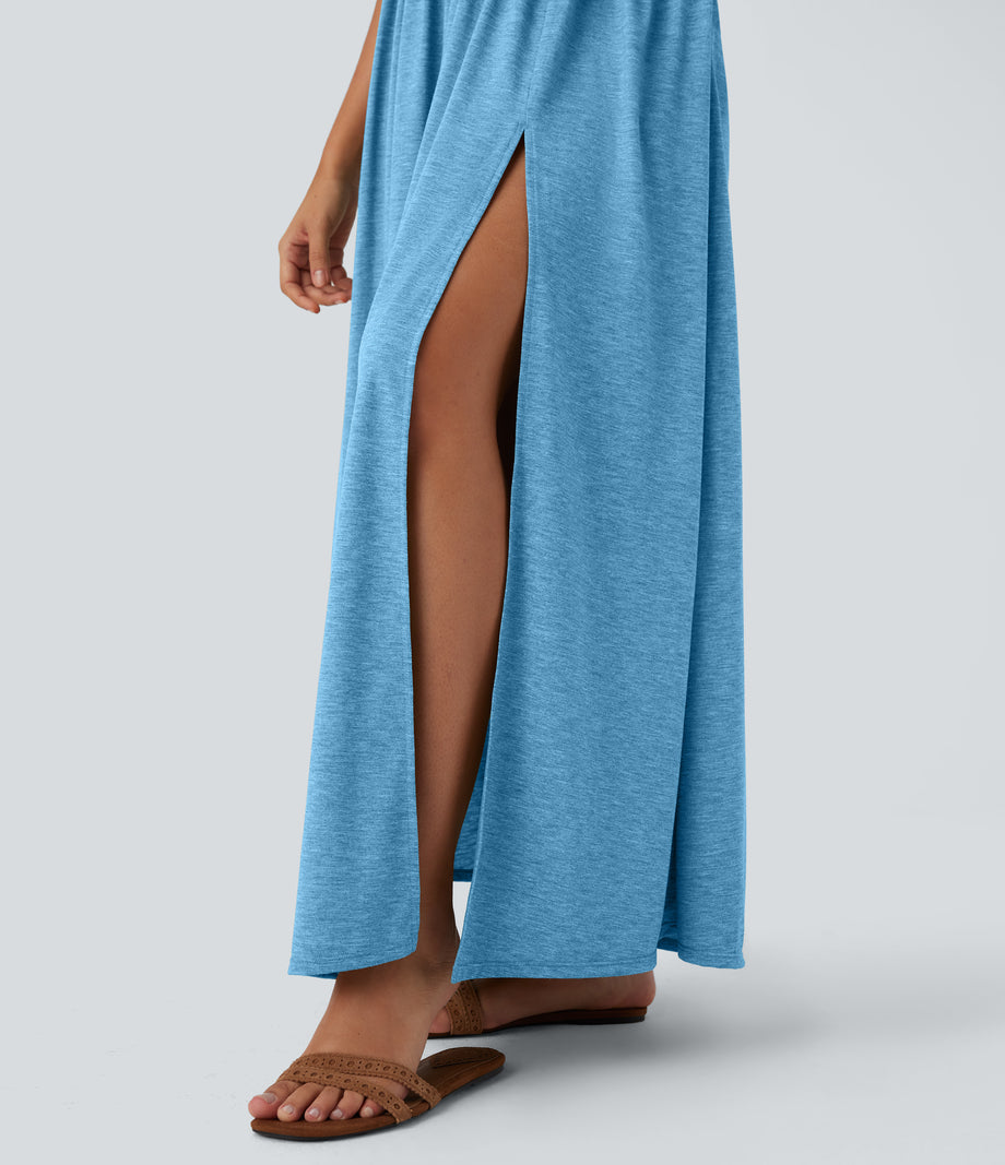 Twisted Backless Split Flowy Maxi Resort Dress with Pockets - Clear Coast Blue