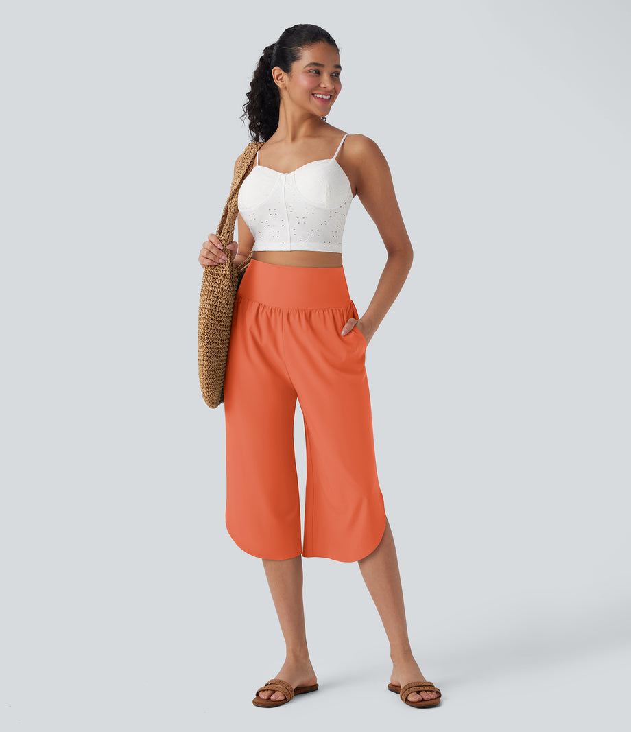 Breezeful™ High Waisted Tummy Control Hem Quick Dry Capri Pants with Pockets - Flamingo