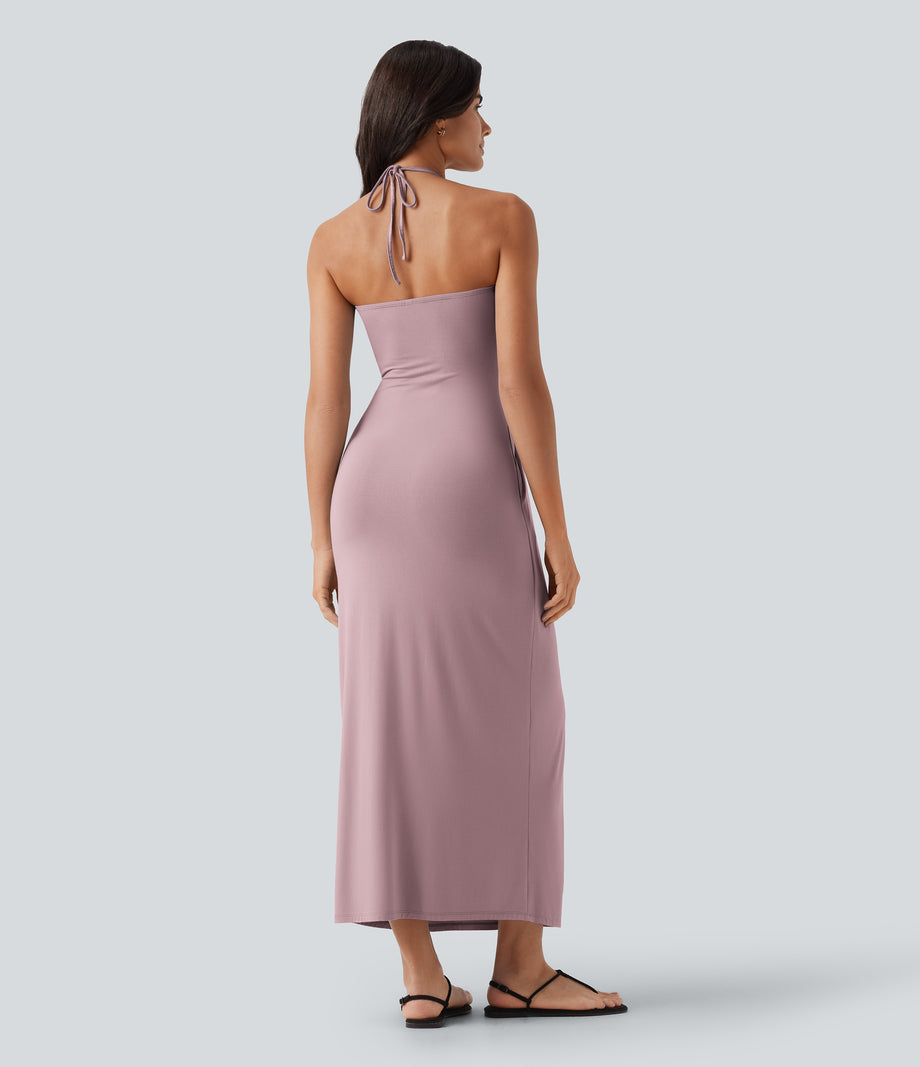 Halter Tie Back Maxi Dress with Pockets - Lilac Pink