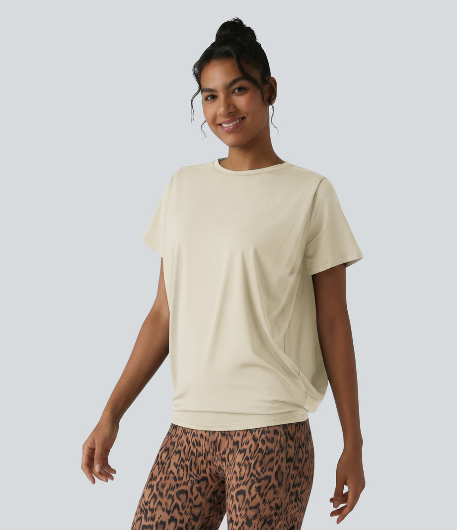 Round Neck Short Sleeve Ruched Cool Touch Yoga Sports Top-UPF50+ - Almond Milk