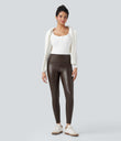 High Waisted Tummy Control Stretchy PU Fleece 7/8 Skinny Casual Leggings with Pockets - Hot Fudge