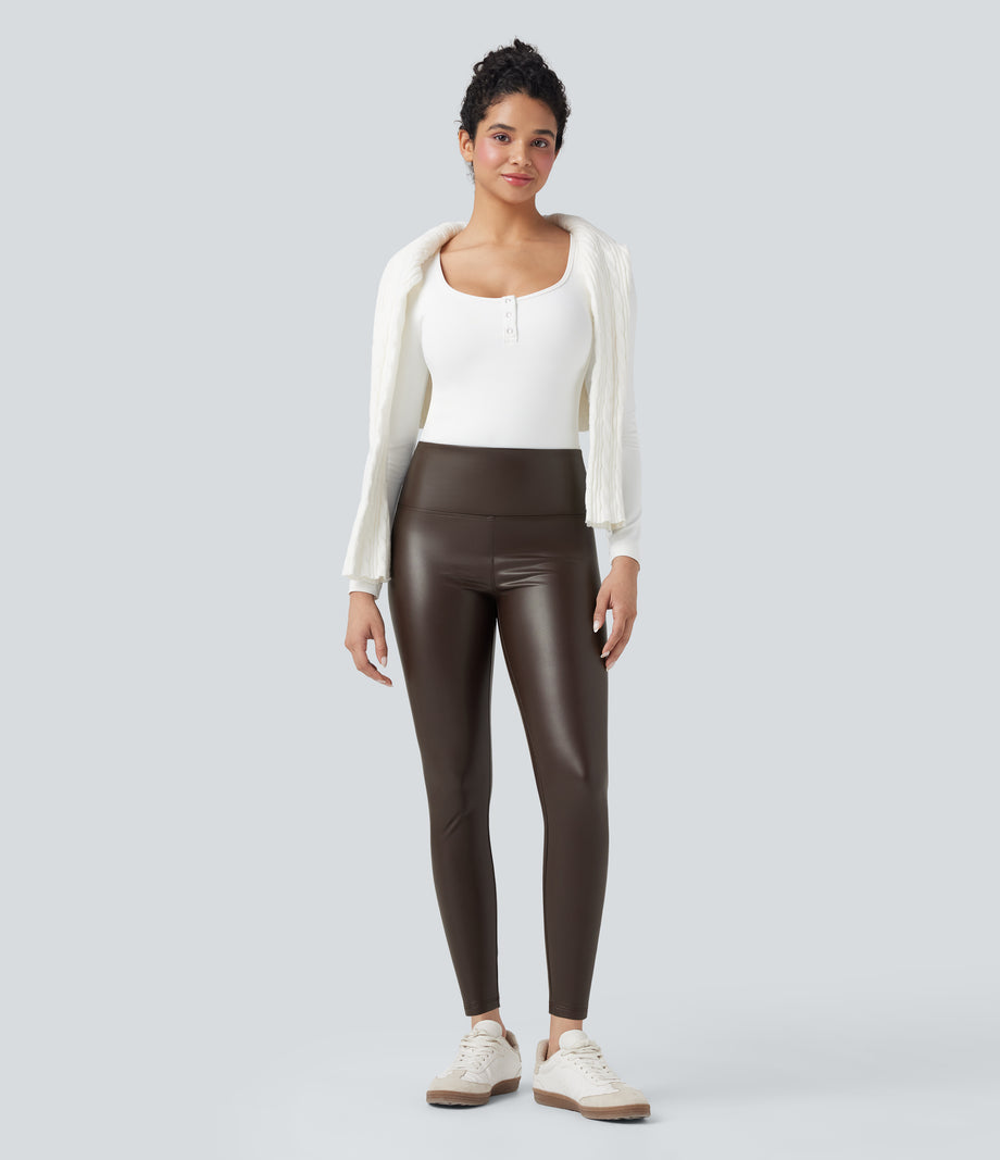High Waisted Tummy Control Stretchy PU Fleece 7/8 Skinny Casual Leggings with Pockets - Hot Fudge