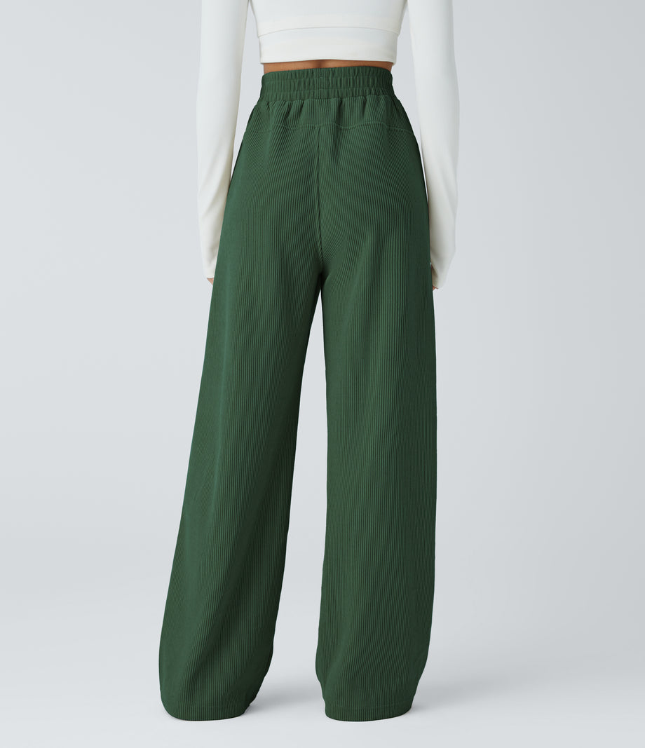 High Waisted Pocket Straight Leg Baggy Mop Corduroy Casual Pants - Greener Pastures