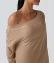 One Shoulder Long Sleeve Thumb Hole Curved Hem High Low Quick Dry Yoga Sports Top-Built-in Bra - Praline