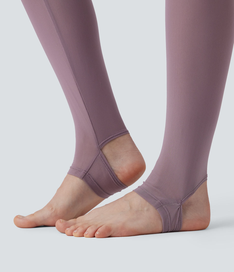 Breezeful™ High Waisted Pleated 2-in-1 Contrast Mesh Quick Dry Dance Stirrup Skirted Leggings with Pockets - Elderberry