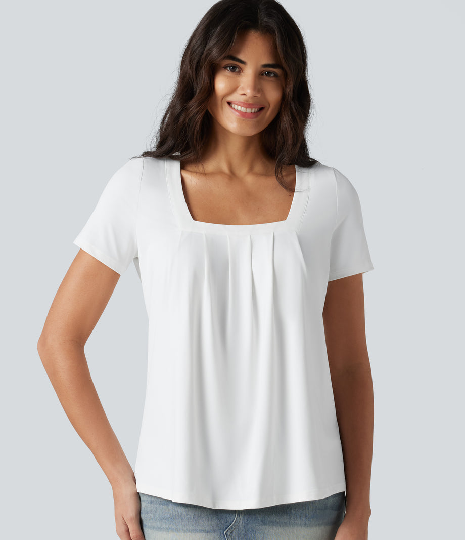 Square Neck Short Sleeve Casual Top - White