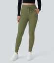 SoftlyZero™ Plush High Waisted Drawstring Pocket Plain Full Length Joggers - Loden Green