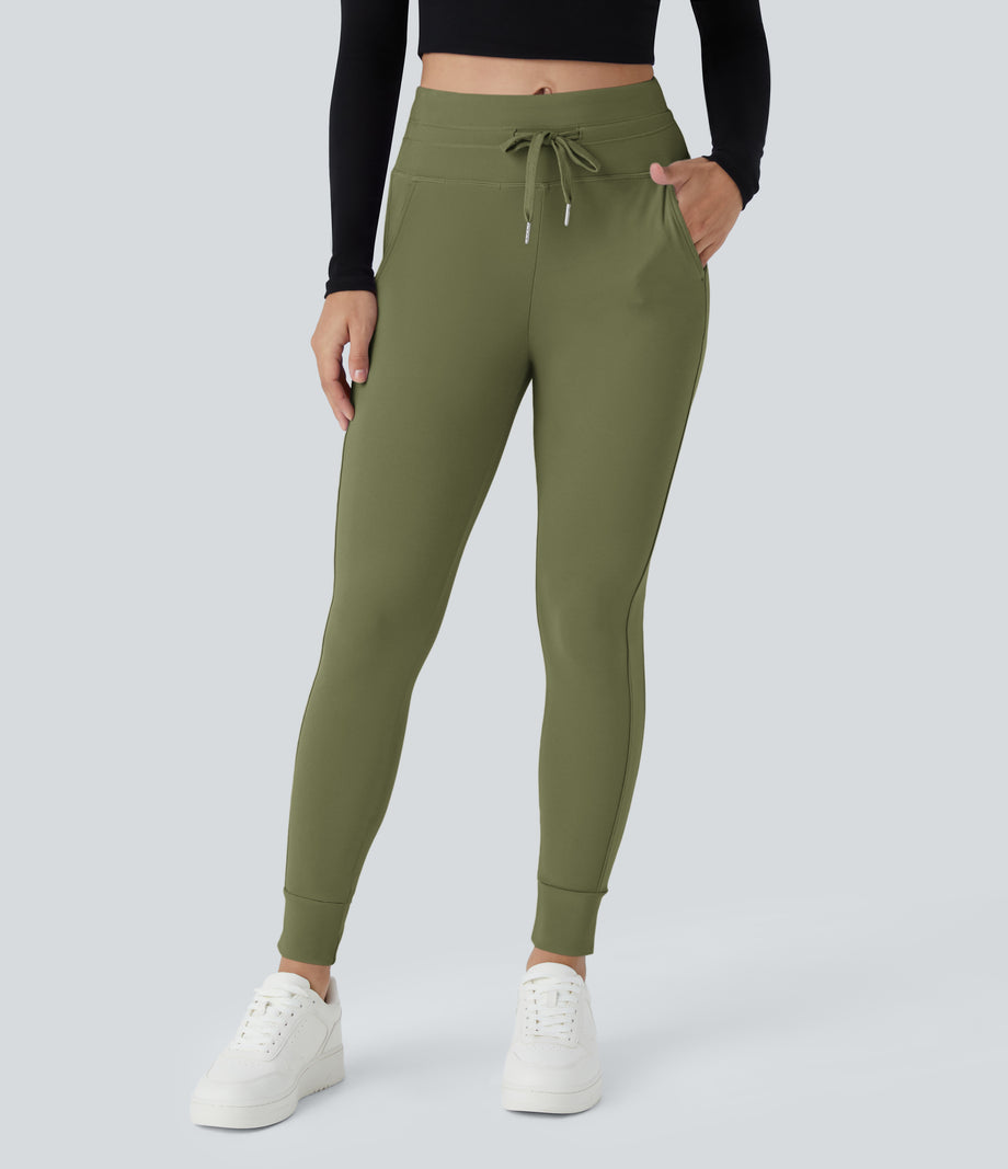 SoftlyZero™ Plush High Waisted Drawstring Pocket Plain Full Length Joggers - Loden Green