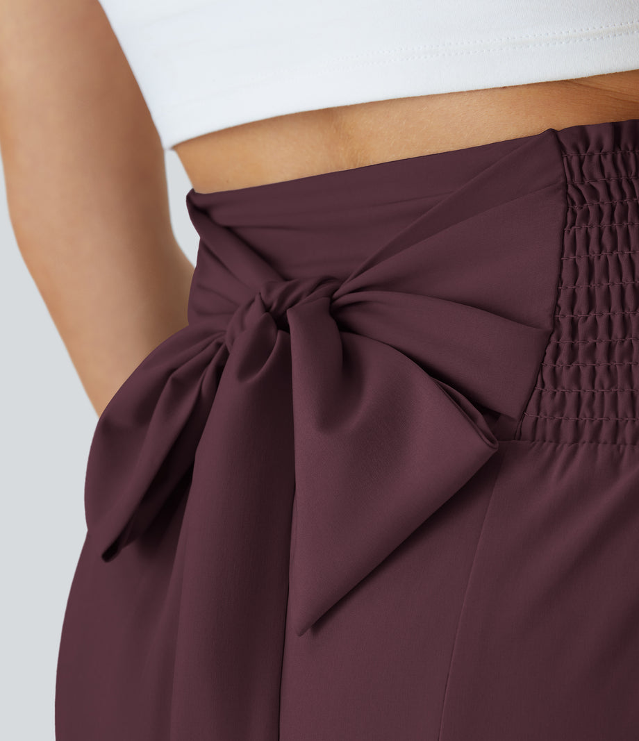 Breezeful™ High Waisted Shirred Tie Front & Back Wide Leg Flowy Quick Dry Casual Pants - Deep Crimson