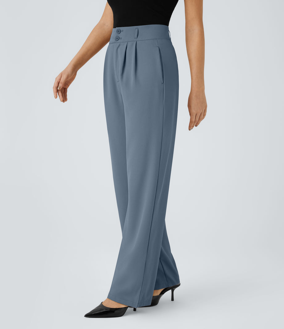 Halara Flex™ High Waisted Zipper Pocket Shirred Straight Leg Work Pants - Coronet Blue