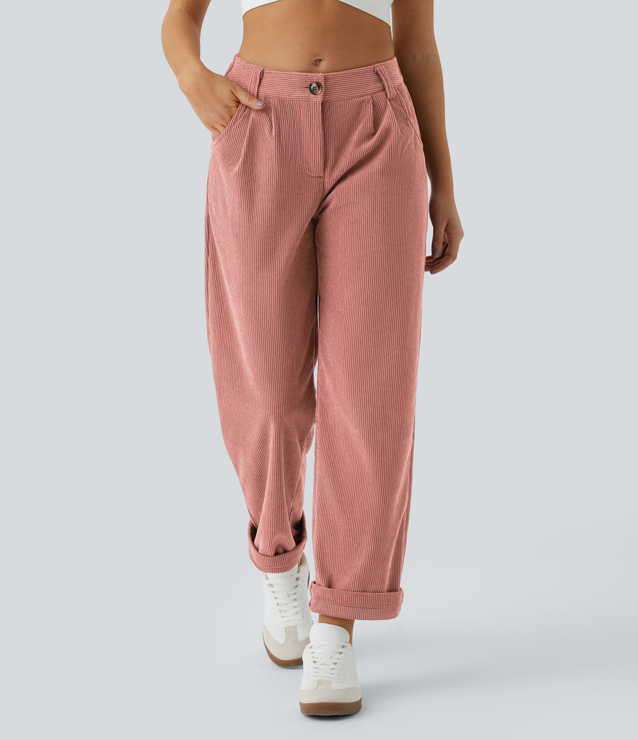 Mid Rise Zipper Pocket Corduroy Casual Pants - Desert Sand